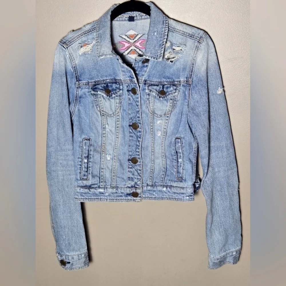 Y2K‎ American Eagle Embroidered Boho Festival Distressed Denim Jacket, Medium - Picture 2 of 5
